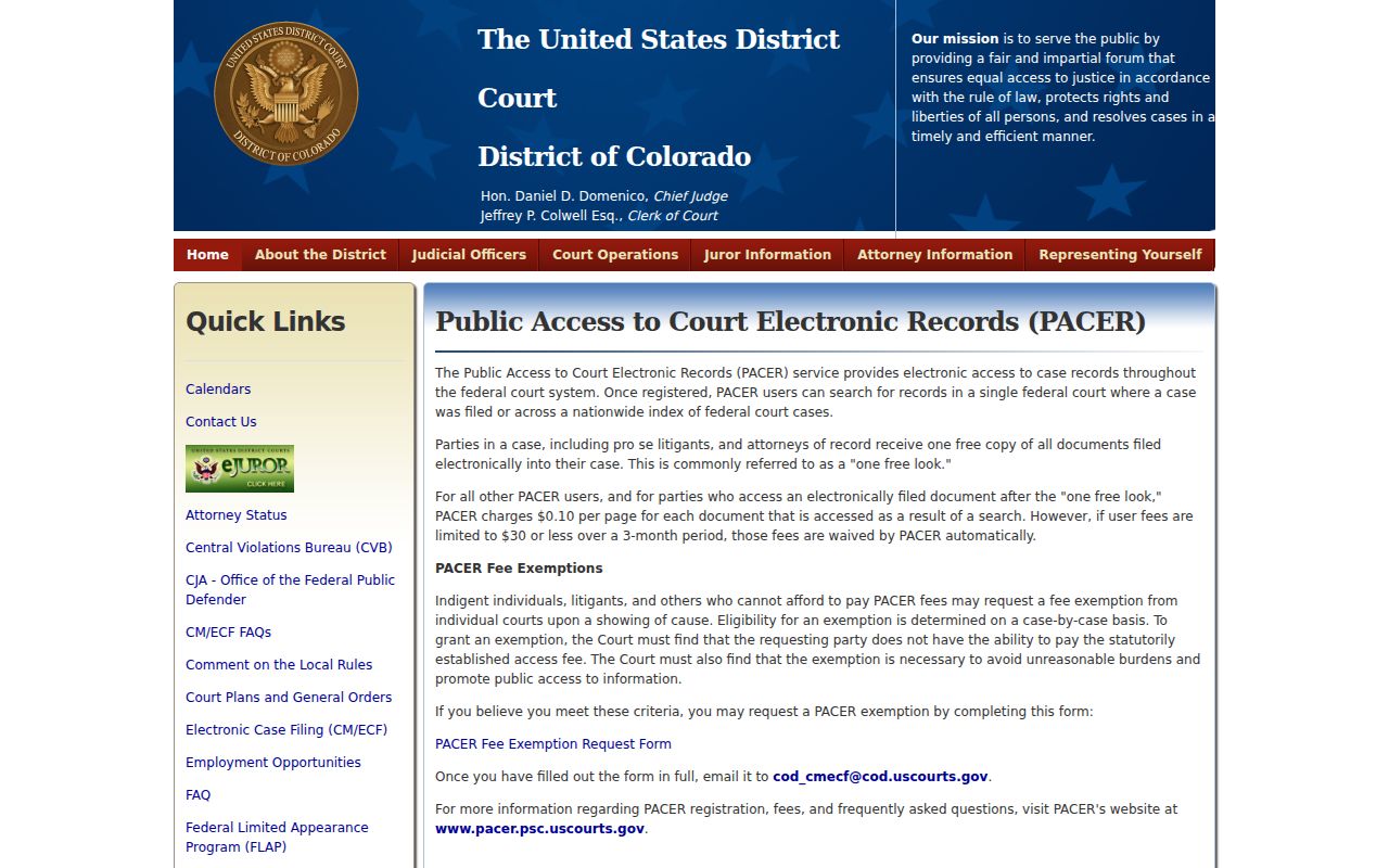 Custer County District Court federal District of Colorado PACER information
