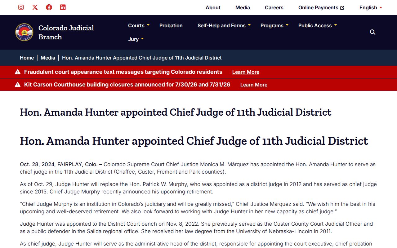 Custer County court records 11th Judicial District chief judge announcement